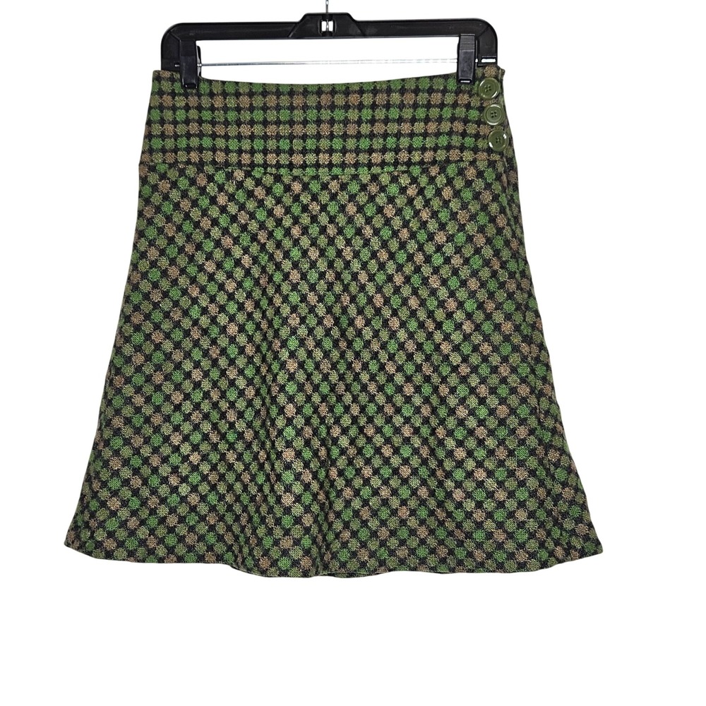 Ann Taylor Loft Green Brown Checked Wool-Blend A-Line Skirt 4 Retro‎ Career Twee